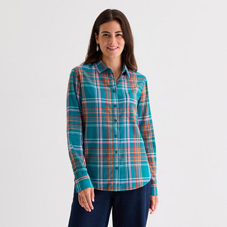 St. John's Bay Womens Cuffed Long Sleeve Relaxed Fit Button-down Shirt In Green