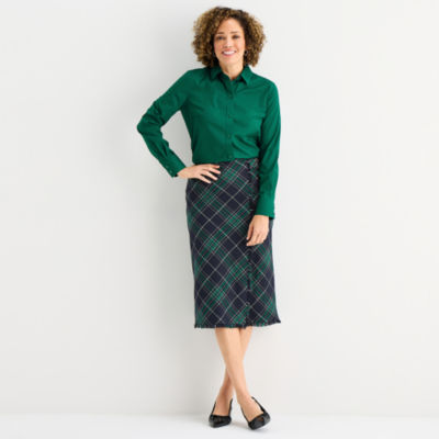 Liz Claiborne Womens Mid Rise Midi Wrap Skirt, Color: Navy Plaid