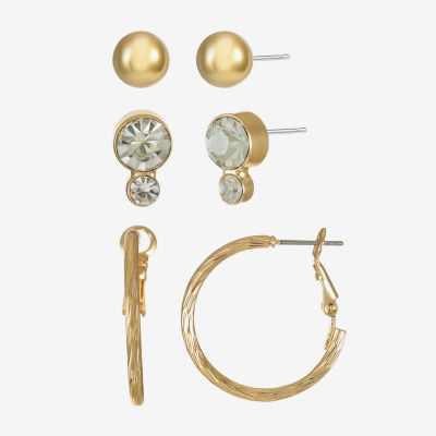 Liz Claiborne Stud & Hoop Womens Glass Hypoallergenic 3 Pair Earring Set
