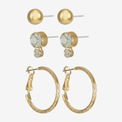 Liz Claiborne Stud & Hoop Womens Glass Hypoallergenic 3 Pair Earring Set