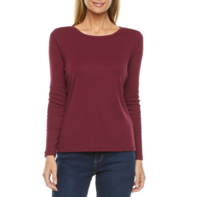 St. John's Bay Womens Crew Neck Long Sleeve T-Shirt, Color: Deep Ruby ...