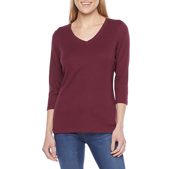 St. John's Bay Womens V Neck 3/4 Sleeve T-Shirt, Color: Deep Ruby ...