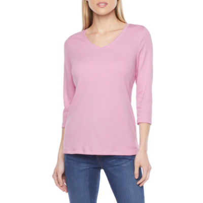 St. John's Bay Womens V Neck 3/4 Sleeve T-Shirt, Color: Pastel Pink ...