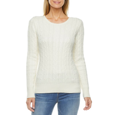 St. John's Bay Womens Cable Crew Neck Long Sleeve Pullover Sweater