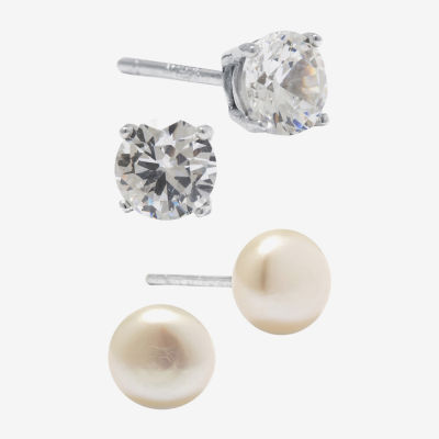 Silver Treasures Pair Cubic Zirconia Cultured Freshwater Pearl Earring Set