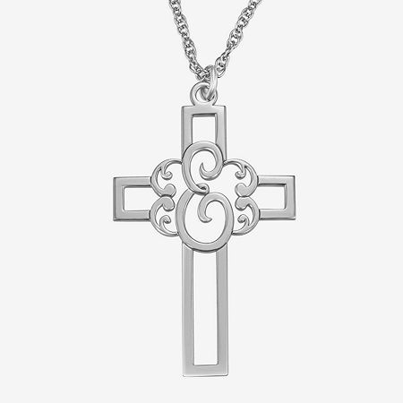 Personalized Initial Cutout Cross Pendant Necklace, One Size, White