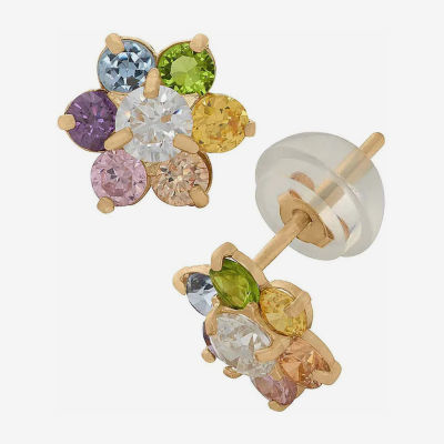 Multi Color Cubic Zirconia 14K Gold 7.5mm Flower Stud Earrings