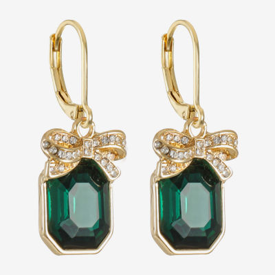 Monet Jewelry Gold Tone Holiday Womens Green Glass Rectangular Drop Earrings