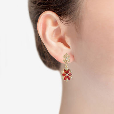 Monet Jewelry Gold Tone Holiday Womens Red Glass Flower Snowflake Hypoallergenic Drop Earrings