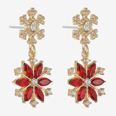 Monet Jewelry Gold Tone Holiday Womens Red Glass Flower Snowflake Hypoallergenic Drop Earrings
