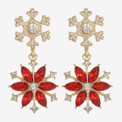 Monet Jewelry Gold Tone Holiday Womens Red Glass Flower Snowflake Hypoallergenic Drop Earrings