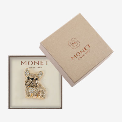 Monet Jewelry Gold Tone Bull Dog Brown Glass Pin