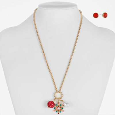 Monet Jewelry Gold Tone Christmas Charm Necklace & Stud Earring Womens Red Glass 2-pc. Jewelry Set