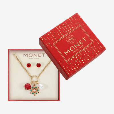 Monet Jewelry Gold Tone Christmas Charm Necklace & Stud Earring Womens Red Glass 2-pc. Jewelry Set