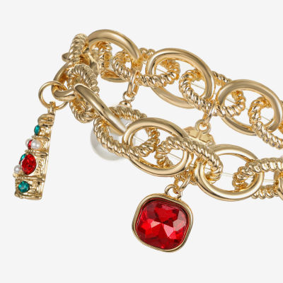 Monet Jewelry Gold Tone Christmas Womens Red Glass Simulated Pearl Charm Bracelet