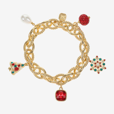 Monet Jewelry Gold Tone Christmas Womens Red Glass Simulated Pearl Charm Bracelet