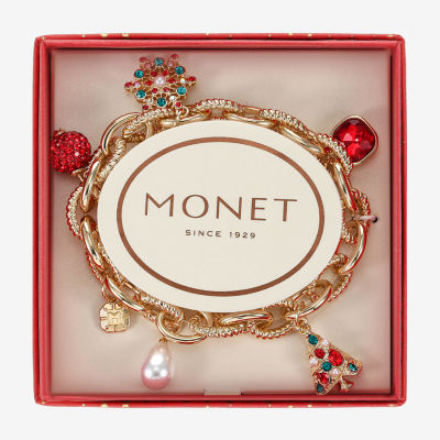 Monet Jewelry Gold Tone Christmas Womens Red Glass Simulated Pearl Charm Bracelet