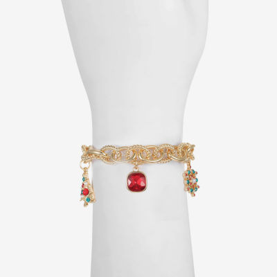 Monet Jewelry Gold Tone Christmas Womens Red Glass Simulated Pearl Charm Bracelet