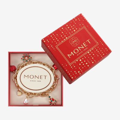 Monet Jewelry Gold Tone Christmas Womens Red Glass Simulated Pearl Charm Bracelet
