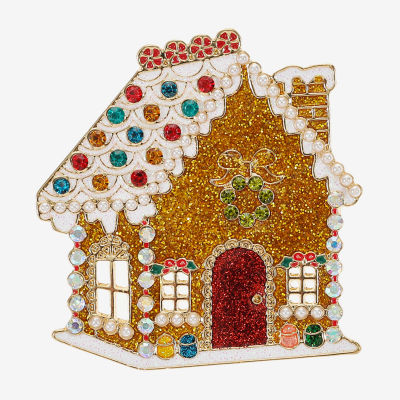 Monet Jewelry Gold Tone Gingerbread House Multi Color Glass Pin