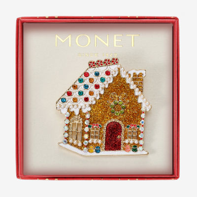 Monet Jewelry Gold Tone Gingerbread House Multi Color Glass Pin