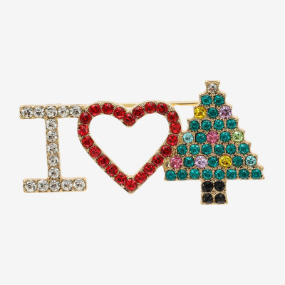Monet Jewelry Gold Tone I Love Christmas Tree Multi Color Glass Pin