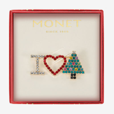Monet Jewelry Gold Tone I Love Christmas Tree Multi Color Glass Pin