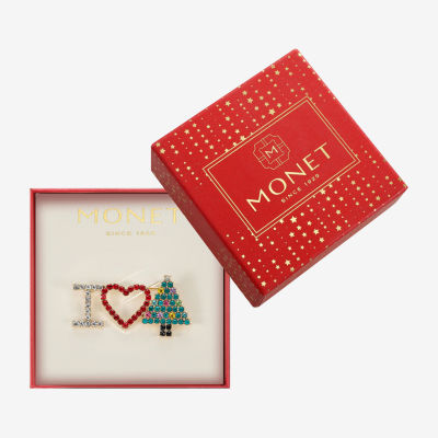 Monet Jewelry Gold Tone I Love Christmas Tree Multi Color Glass Pin