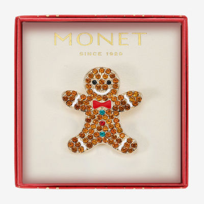 Monet Jewelry Gold Tone Gingerbread Man Multi Color Glass Pin