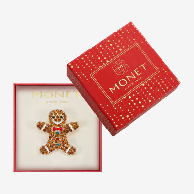 Monet Jewelry Gold Tone Gingerbread Man Multi Color Glass Pin