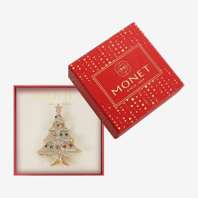 Monet Jewelry Gold Tone Christmas Tree Multi Color Glass Pin