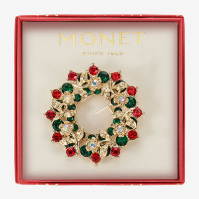 Monet Jewelry Gold Tone Wreath Multi Color Glass Pin