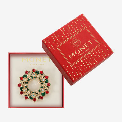 Monet Jewelry Gold Tone Wreath Multi Color Glass Pin