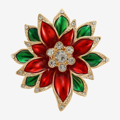 Monet Jewelry Gold Tone Red Poinsettia Glass Pin