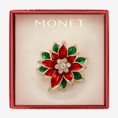 Monet Jewelry Gold Tone Red Poinsettia Glass Pin