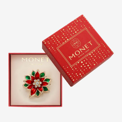 Monet Jewelry Gold Tone Red Poinsettia Glass Pin