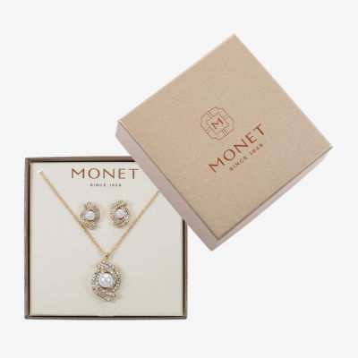Monet Jewelry Gold Tone Pendant Twist Necklace & Stud Earring Womens Glass Simulated Pearl 2-pc. Jewelry Set