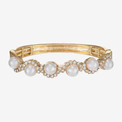 Monet Jewelry Gold Tone Scallop Womens Glass Simulated Pearl Round Stretch Bracelet