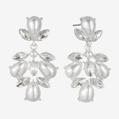 Monet Jewelry Timeless Silver Tone Shaky Womens Glass Simulated Pearl Marquise Hypoallergenic Chandelier Earrings