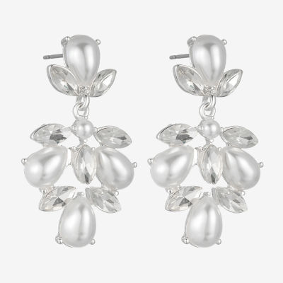 Monet Jewelry Timeless Silver Tone Shaky Womens Glass Simulated Pearl Marquise Hypoallergenic Chandelier Earrings