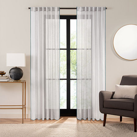 Fieldcrest Luxury Linen Border Stripe Sheer Rod Pocket Back Tab Single Curtain Panel, One Size , White