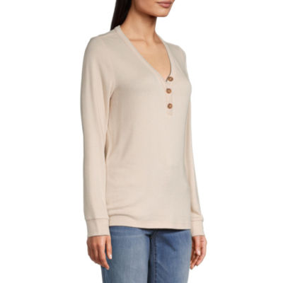 St. John's Bay Womens Y Neck Long Sleeve Henley Shirt