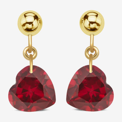 Lab Created Red Ruby 10K Gold Heart Drop Earrings