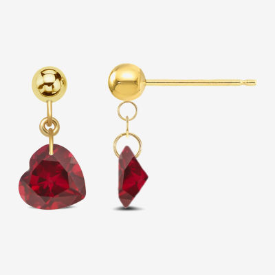 Lab Created Red Ruby 10K Gold Heart Drop Earrings