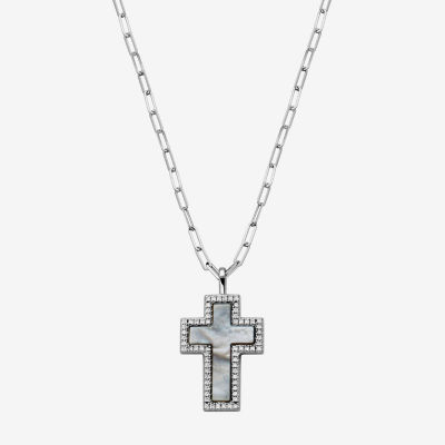 Womens 1 1/8 CT. T.W. White Mother Of Pearl Sterling Silver Cross Pendant Necklace