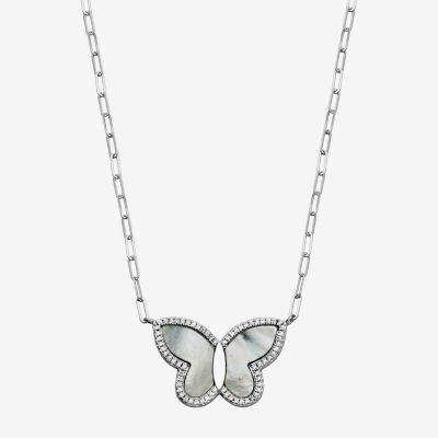 Womens 2 CT. T.W. White Mother Of Pearl Sterling Silver Butterfly Pendant Necklace