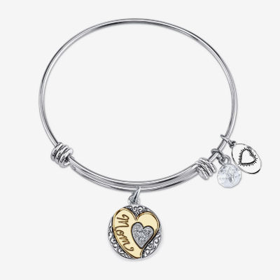 Footnotes Mom Womens Crystal Stainless Steel Heart Bangle Bracelet