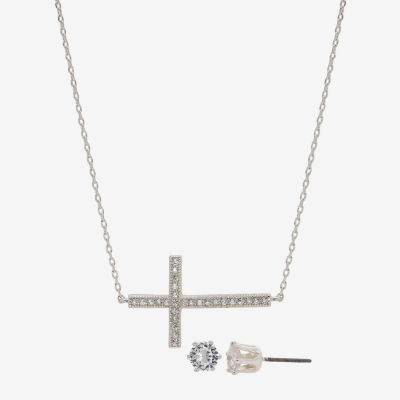 Sparkle Allure White Cubic Zirconia Silver Tone Pure Silver Over Brass Cross 2-pc. Jewelry Set