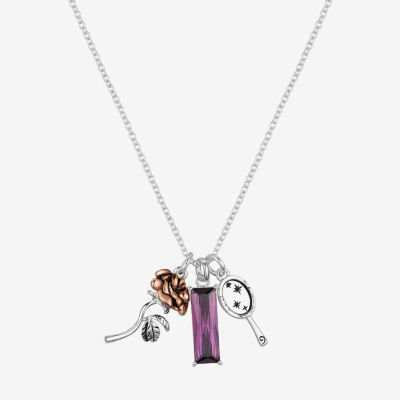 Disney Classics Charm Cubic Zirconia Pure Silver Over Brass 16 Inch Cable Flower Beauty and the Beast Pendant Necklace