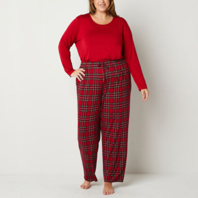 Ambrielle Womens Plus Crew Neck Long Sleeve 2-pc. Pant Pajama Set